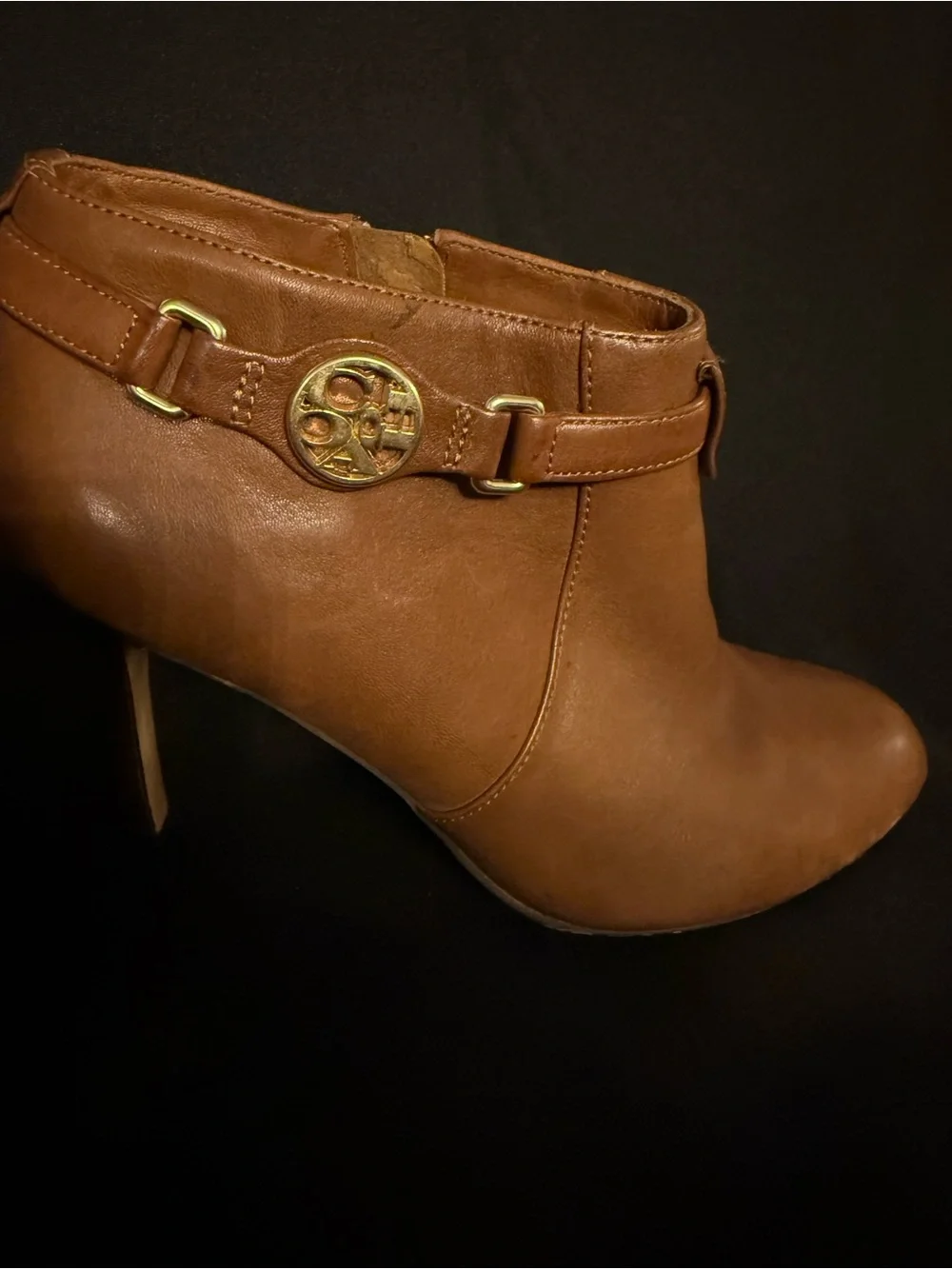 Coach Women's Tan Leather Ankle Boots with Gold Accent